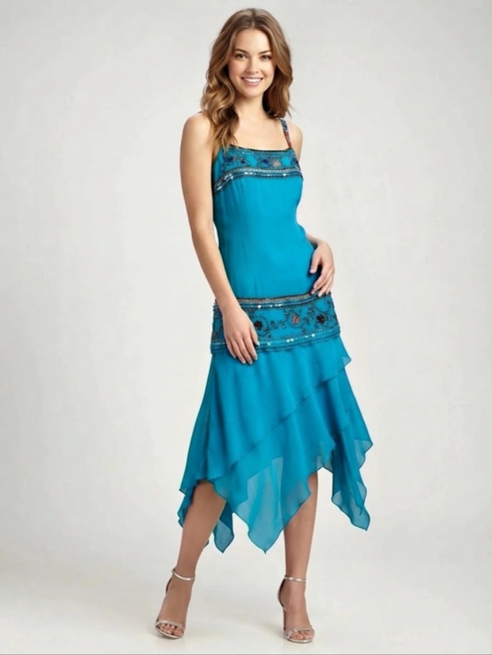 Sue Wong Turquoise Silk Beaded Sequin Asymmetrical Dress Estimated as sz M
